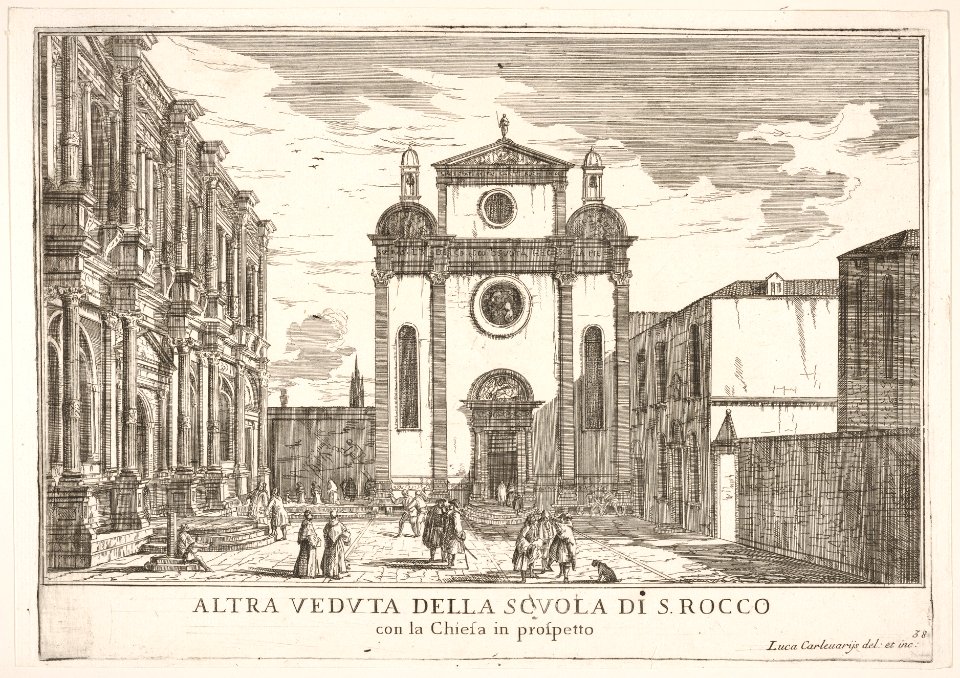Plate 38- View of the facade of the church of St. Roch and at left the facade of the School of St. Roch, Venice, 1703, from the series 'The buildings and views of Venice' (Le fabriche e vedute di Venezia) MET DP832223