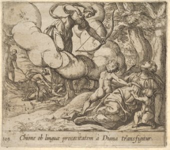 Plate 105- Diana aiming her bow toward Chione, who is accompanied by two children, in another scene at left Mercury approaches the sleeping Chione, from a series illustrating 'The Metamorphoses' of Ovid MET DP831513