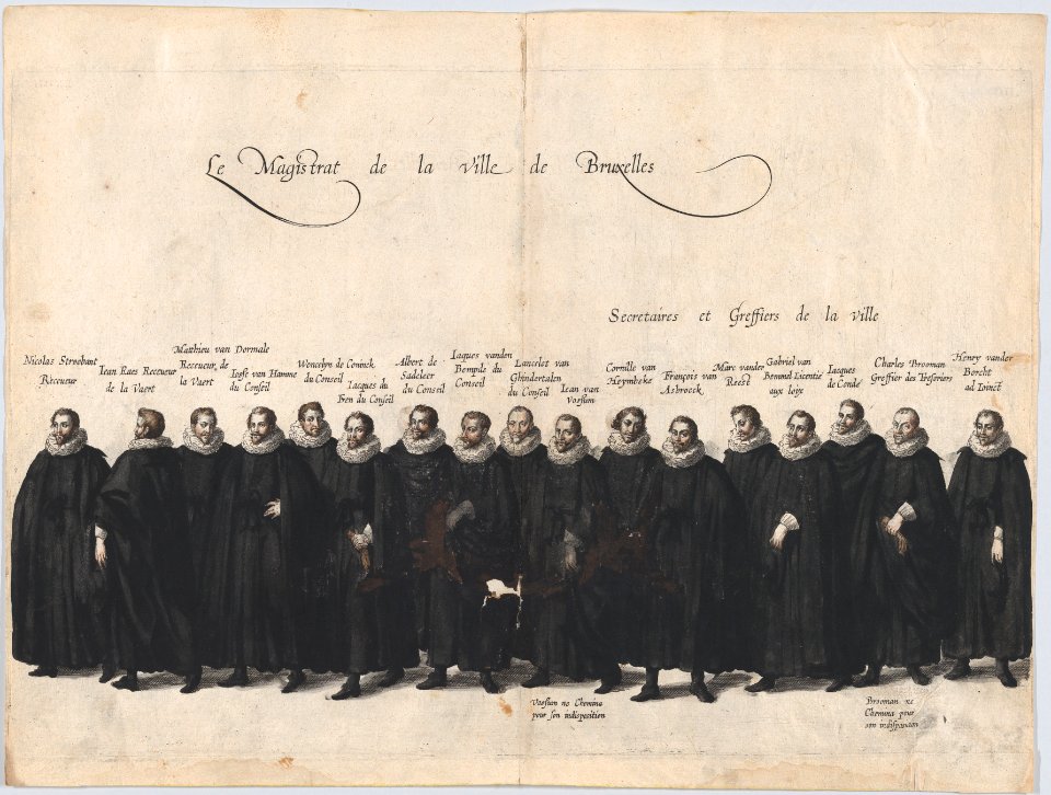 Plate 64- The magistrates of the city of Brussels marching in the funeral procession of Archduke Albert of Austria; from 'Pompa Funebris ... Alberti Pii' MET DP874749