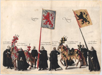 Plate 36- Men with heraldic flags and horses from Zutphen and Namur marching in the funeral procession of Archduke Albert of Austria; from 'Pompa Funebris ... Alberti Pii' MET DP874758