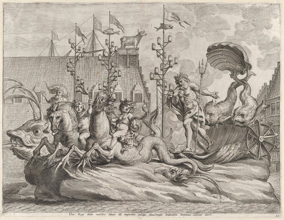 Plate 35- Philip of Spain as Neptune, riding in a chariot drawn by two sea horses; from Guillielmus Becanus's 'Serenissimi Principis Ferdinandi, Hispaniarum Infantis...' MET DP874787