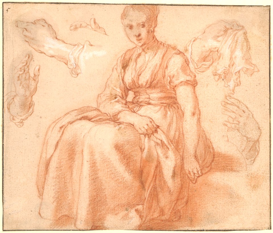 Study of a Seated Woman and Five Studies of Hands; Verso- Landscape with a Road and a Tree to the Right MET DP167192
