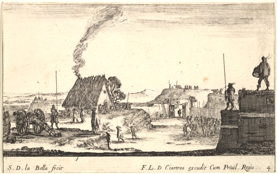 Plate 4- A military encampment with a soldier standing on a parapet to the right beating a drum, from 'Various Military Caprices' (Varii capricci militari) MET DP829709
