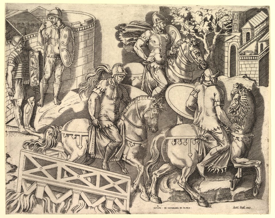 Speculum Romanae Magnificentiae- Roman Horsemen Crossing a Bridge (from Trajan's Column) MET DP820285