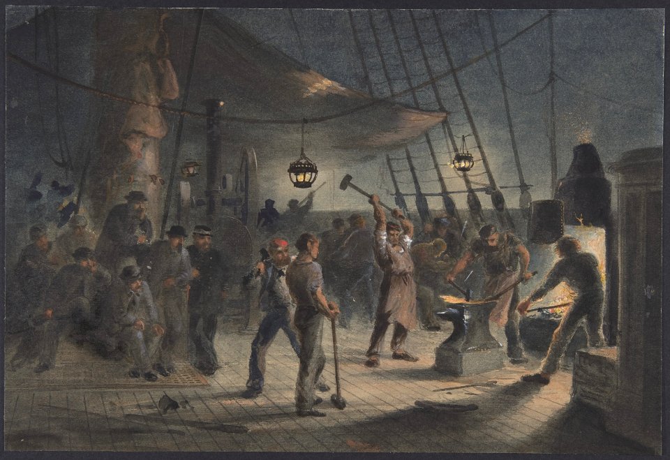 The Forge on Deck, Night of August 9th- Preparing the Iron Plating for Capstan MET DP801258