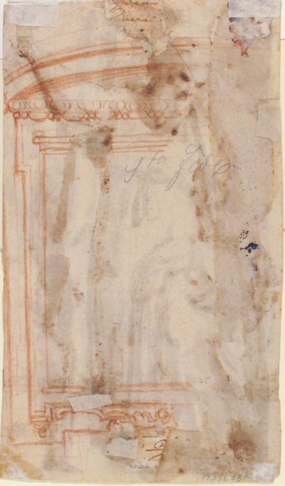 Saint Andrew, Apostle, with Transverse Cross, Book, and Fish, verso- Architectural sketch in red chalk MET 17.236.28 VERSO
