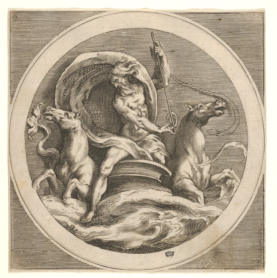 Neptune rising from the sea and bearing a staff, accompanied by two horse-headed sea creatures, reverse copy after a series of engravings by Cherubino Alberti of mythological scenes after Polidoro da Caravaggio MET DP832086
