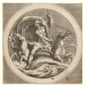 Neptune rising from the sea and bearing a staff, accompanied by two horse-headed sea creatures, reverse copy after a series of engravings by Cherubino Alberti of mythological scenes after Polidoro da Caravaggio MET DP832086