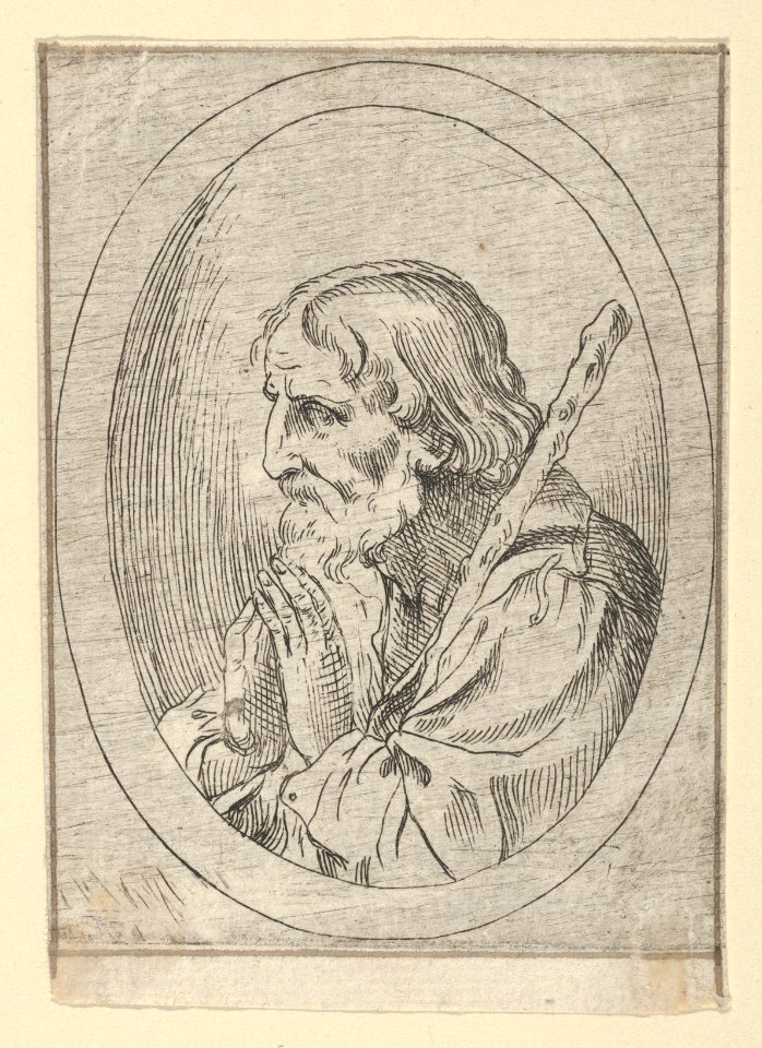 Saint Jude in prayer, seen in profile facing left with a staff resting on his shoulder, in an oval frame, from Christ, the Virgin, and Thirteen Apostles MET DP837884