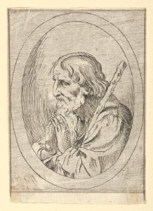 Saint Jude in prayer, seen in profile facing left with a staff resting on his shoulder, in an oval frame, from Christ, the Virgin, and Thirteen Apostles MET DP837884