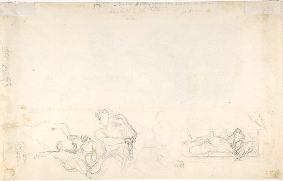 Study for an allegorical figure of Justice in the ceiling decoration of the Salon du Roi, Palais Bourbon; verso- studies of allegorical figures, and architectural sketches. MET DP805833