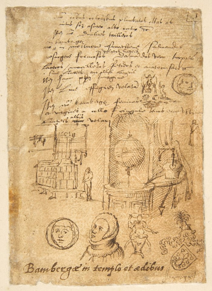 Study sheets with sketches of interiors, animals, sculpture, figures, notes MET DP812318