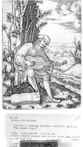 Portrait of Jean-Philotée Achillini- seated man playing guitar on hill near tree, landscape with small town in background MET MM9374