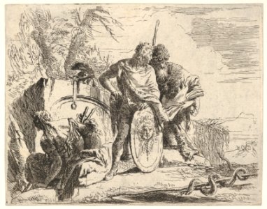 Three figures and a snake coiled around a staff, surrounded by a landscape, the central figure rests his left hand on a shield and leans toward a bearded figure holding a book, from the series 'The Capricci' MET DP832511. Free illustration for personal and commercial use.
