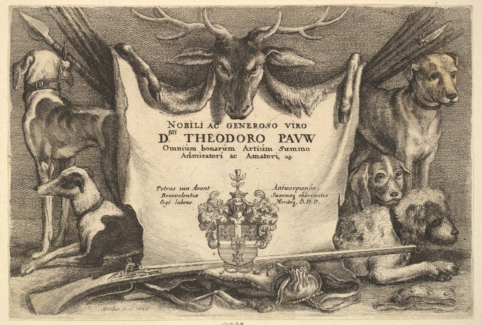 Titlepage with hounds and hunting equipment MET DP823978