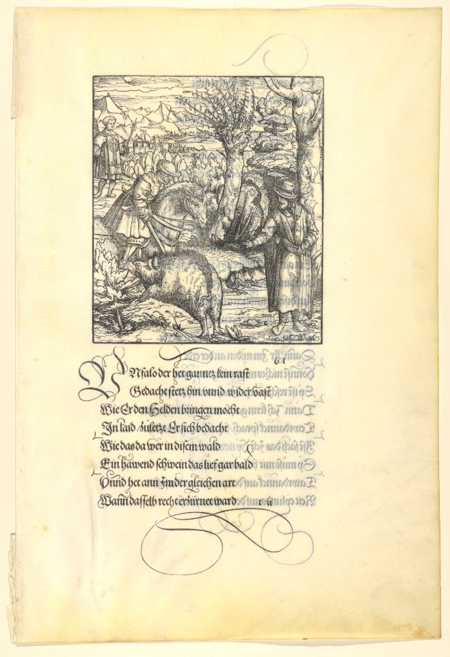 Theuerdarnk on a Boar Hunt, from -Theuerdank- Die geuerlicheiten vnd einsteils der geschichten des loblichen streytparen vnd hochberümbten helds vnd Ritters herr Tewrdannckhs MET DP834035