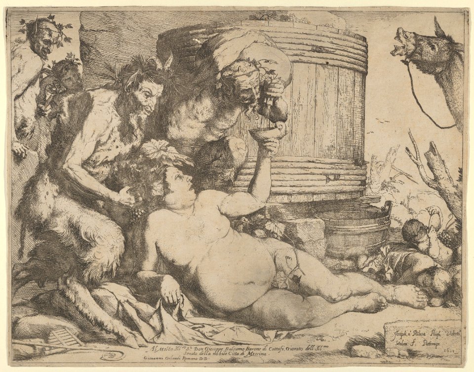 The Drunken Silenus holding a cup aloft into which a Satyr pours wine MET DP836404