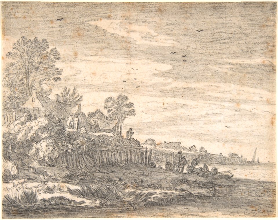 Village on an estuary, with a rowing boat on the shore MET DP800497