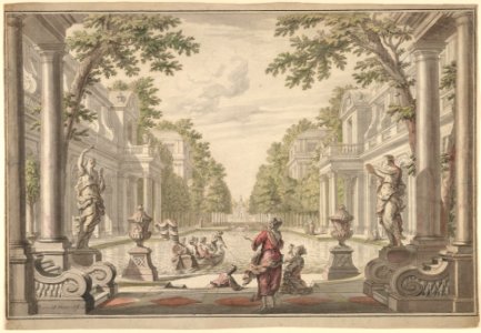 View of a Palace Garden with a Central Pond Surrounded by Classical Architecture (Tapestry or Stage Design?) MET DP832013