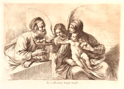 The Holy Family, the Christ Child reaching for a plate of fruit held by Joseph, an angel gesturing toward the fruit, published in 'Raccolta di alcuni disegni del Barbieri da Cento detto il Guernico,' Rome, 1764 MET DP827721