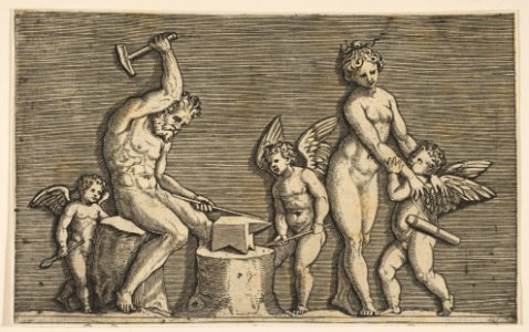 Vulcan seated hammering on an anvil flanked by Venus and three cupids MET DP818617