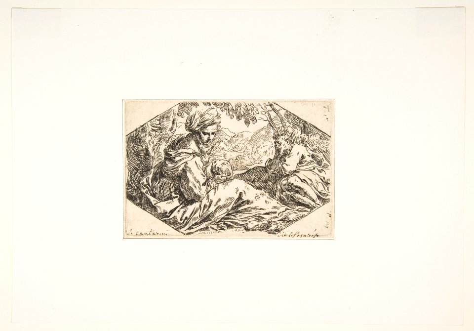 Repose in Egypt, Mary holding and looking at the infant Christ while St. Joseph sleeps MET DP815106