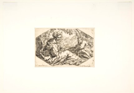Repose in Egypt, Mary holding and looking at the infant Christ while St. Joseph sleeps MET DP815106