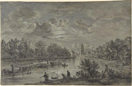 Moonlit view of a river with fishermen and a town in the background MET DP800930