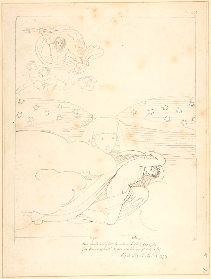 Sleep Escaping from the Wrath of Jupiter – "But gentle Night to whom I fled for Aid (the Friend of Earth and Heaven), Her Wings Display'd" (Pope's Iliad, Book 14, line 293) MET DP804222