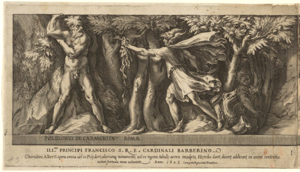 Perseus changing Atlas into a mountan with the head of Medusa, from Perseus and the Golden Apples MET DP836969