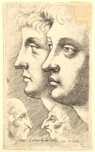 Two youths in profile to left with two grotesque heads facing each other below MET DP823707