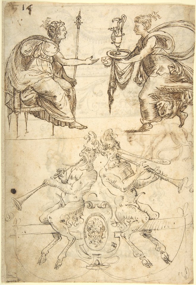 Sheet with multiple Designs- Figurative Scene with Two Women (top) and Two Satyrs Playing Horns, Seated Back to Back (bottom) (recto); Three Candelabra Grotesques (verso) MET DP800644