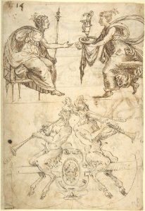 Sheet with multiple Designs- Figurative Scene with Two Women (top) and Two Satyrs Playing Horns, Seated Back to Back (bottom) (recto); Three Candelabra Grotesques (verso) MET DP800644