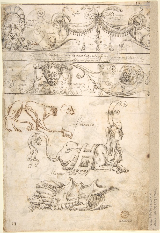 Sheet with multiple Designs- Figurative Scene with Two Women (top) and Two Satyrs Playing Horns, Seated Back to Back (bottom) (recto); Three Candelabra Grotesques (verso) MET DP800645