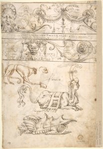 Sheet with multiple Designs- Figurative Scene with Two Women (top) and Two Satyrs Playing Horns, Seated Back to Back (bottom) (recto); Three Candelabra Grotesques (verso) MET DP800645