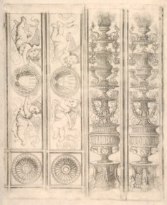 Sheet of border segments- two candelabra and two horizontal pieces with putti, two corners, from Life of the Virgin and Christ MET DP833948