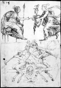 Sheet with multiple Designs- Figurative Scene with Two Women (top) and Two Satyrs Playing Horns, Seated Back to Back (bottom) (recto); Three Candelabra Grotesques (verso) MET MM37938