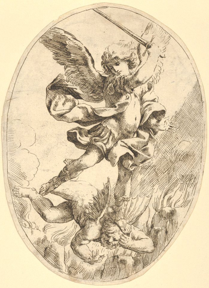 The winged archangel Saint Michael holding a sword and standing on the head of the devil, who descends into hell, an oval composition, after Reni MET DP837913
