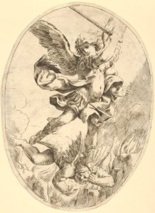 The winged archangel Saint Michael holding a sword and standing on the head of the devil, who descends into hell, an oval composition, after Reni MET DP837913