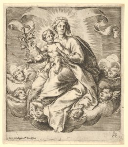 Madonna holding a lily branch with the Christ Child on her lap, seated on clouds, surrounded by cherub heads MET DP836922