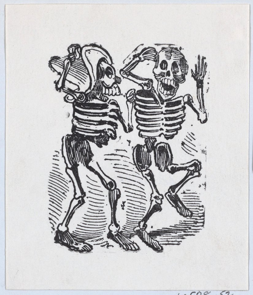 Two skeletons smiling and dancing MET DP869237-1