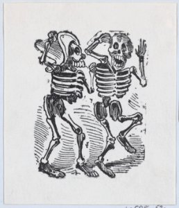 Two skeletons smiling and dancing MET DP869237-1