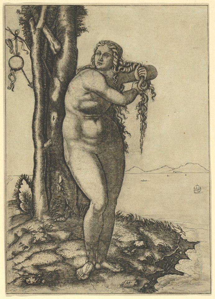 Venus wringing the water from her hair, standing at the water's edge MET DP853515