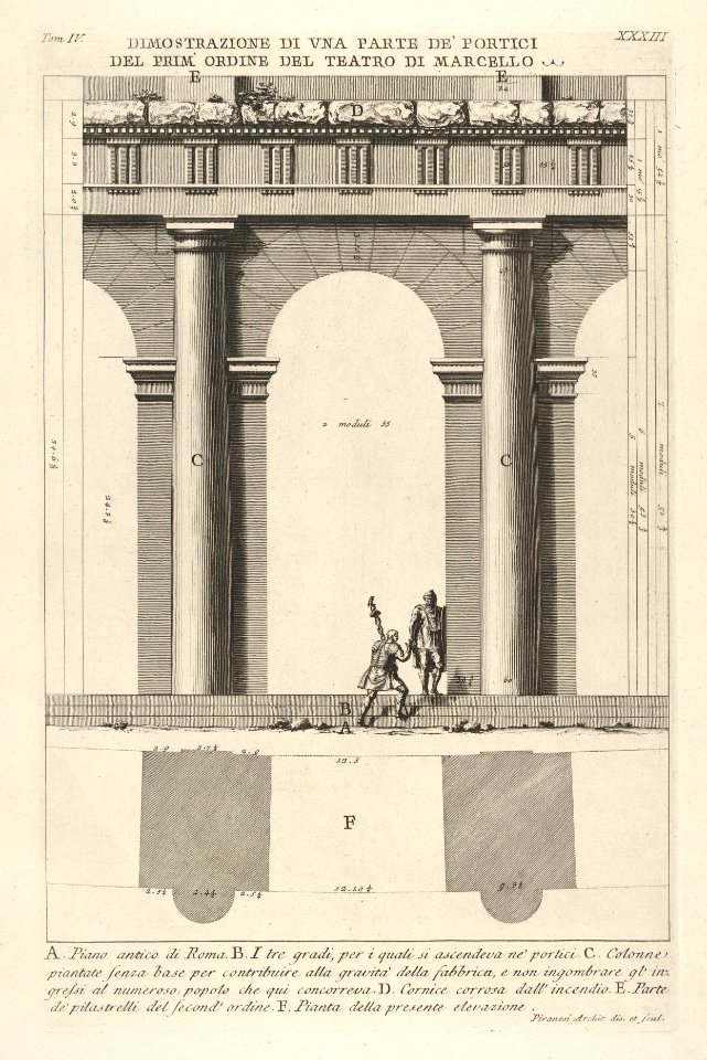 Partial elevation and plan of the first-order portico at the Theater of Marcellus (Dimostrazione di una parte de' portici del prim' ordine del Teatro di Marcello), from 'Le Antichità Romane' MET DP831900
