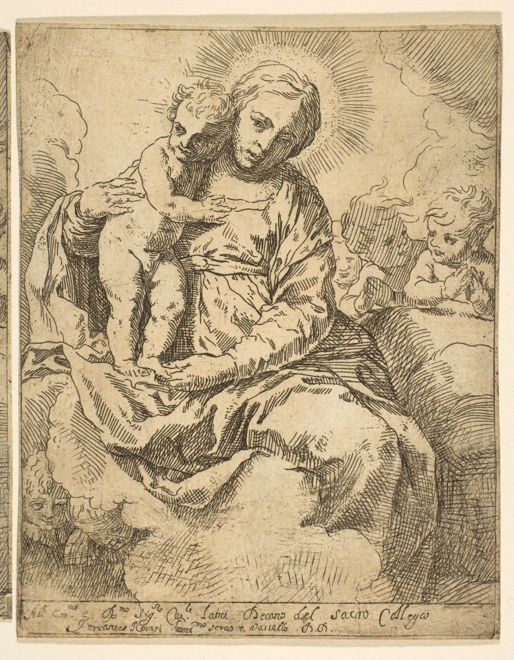 Madonna and Child seated on clouds and surrounded by angels, copy in reverse after Cantarini MET DP815218