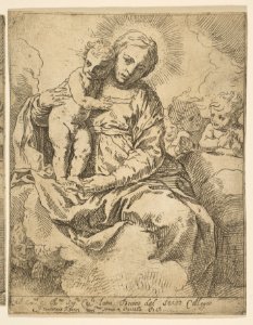 Madonna and Child seated on clouds and surrounded by angels, copy in reverse after Cantarini MET DP815218
