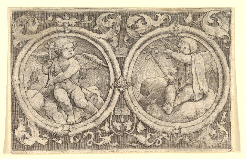 Two Putti Seated in Clouds in Circles with Tendrils MET DP819073