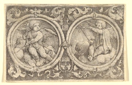 Two Putti Seated in Clouds in Circles with Tendrils MET DP819073