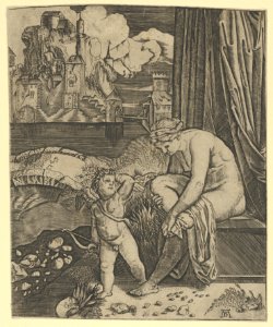 Venus naked sitting at right drying her foot with a piece of drapery, Cupid, in front of her, holding a bow in his right hand MET DP854067