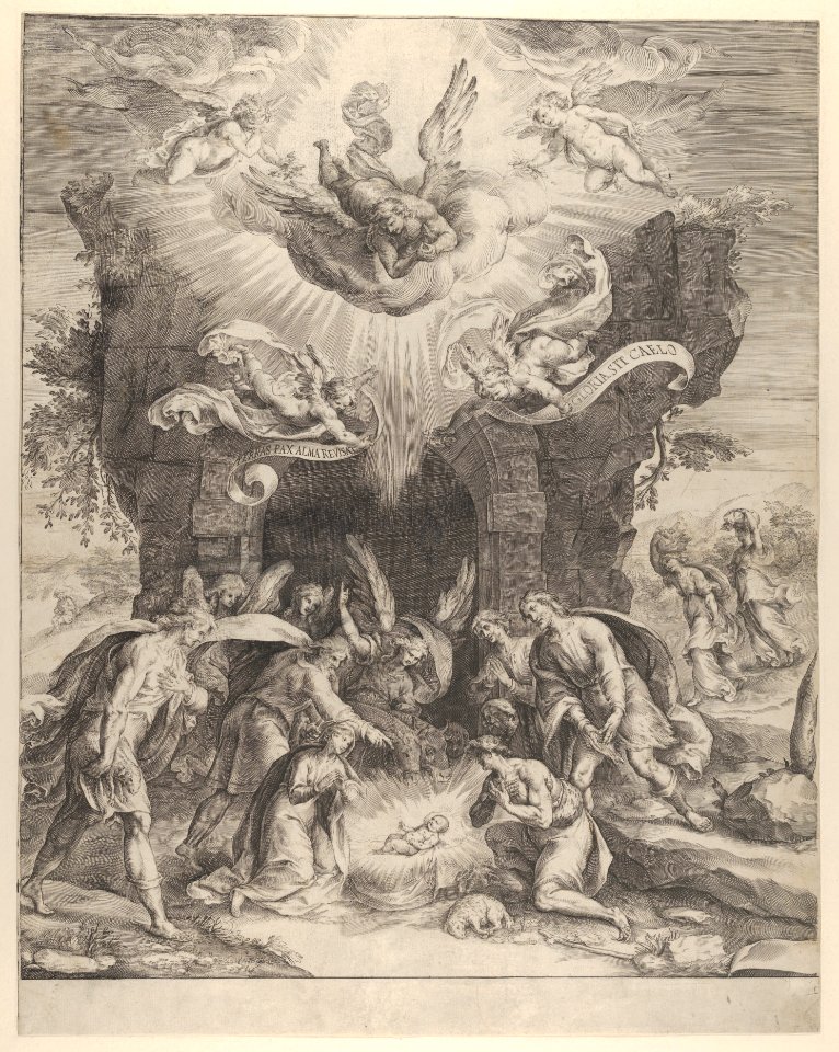 The Adoration of the Shepherds with the Christ Child at center and angels above MET DP836966